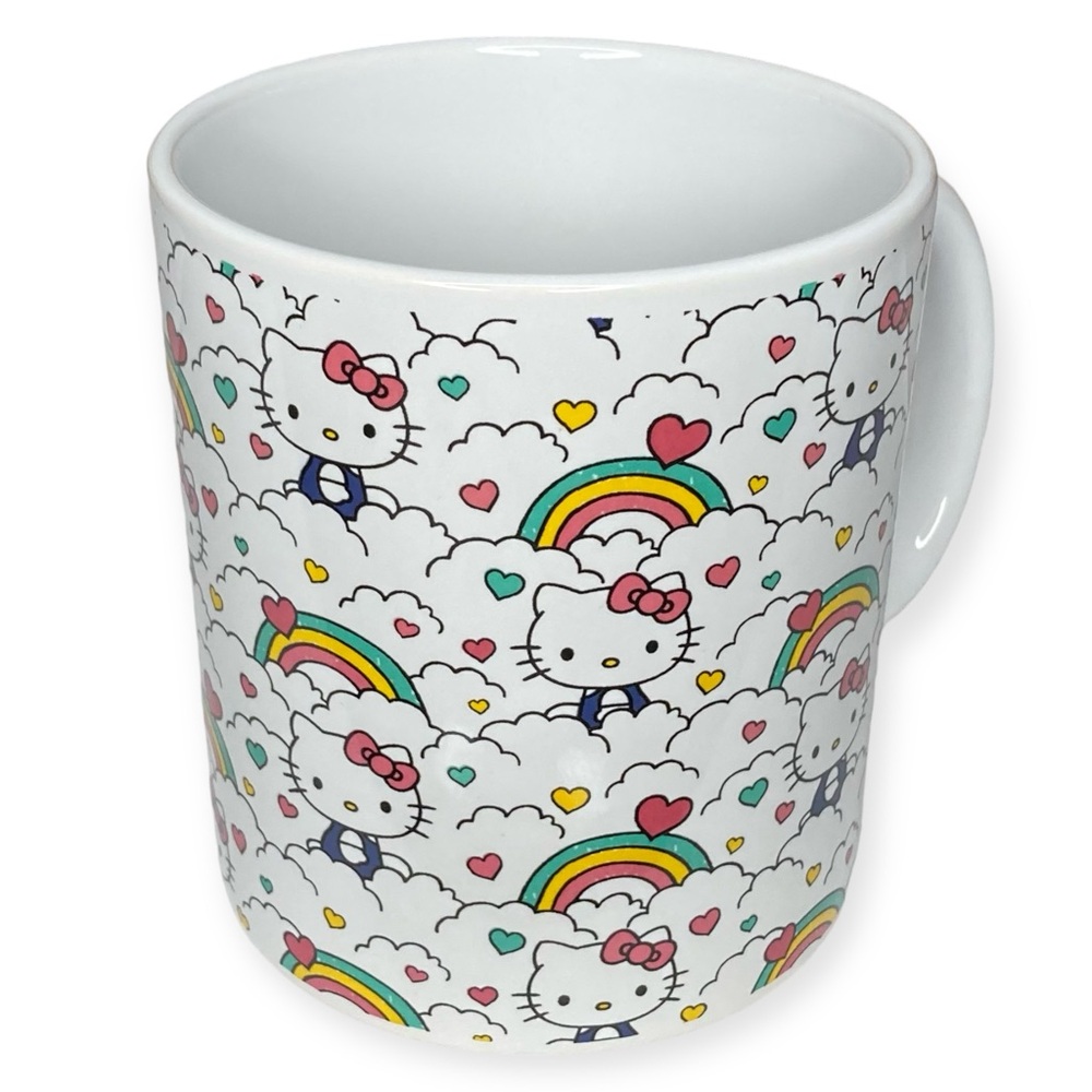 Sanrio Hello Kitty 20oz Ceramic Cafe Mug 2023 Rainbow Clouds Hearts - Picture 3 of 10